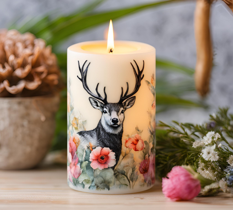 A decorative candle featuring a deer surrounded by flowers and greenery.