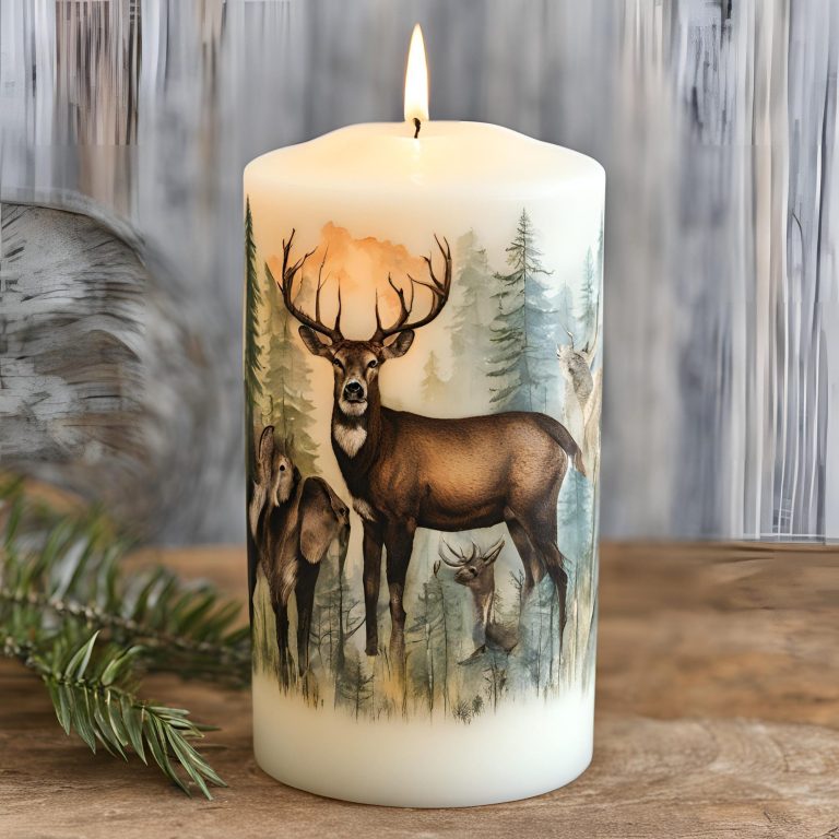 A decorative candle featuring deer and trees in a natural landscape.