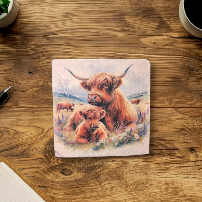 A slate coaster with a Highland cow and calf design on a wooden surface.